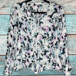 Parker Silk Top XS Pastel Floral Button Front Seams Ruffle Hem Boho Garden